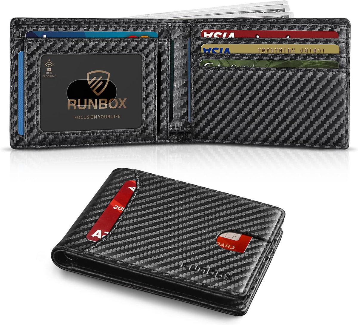 RUNBOX Wallet for Men, Slim Leather Bifold, RFID Blocking Card Holder