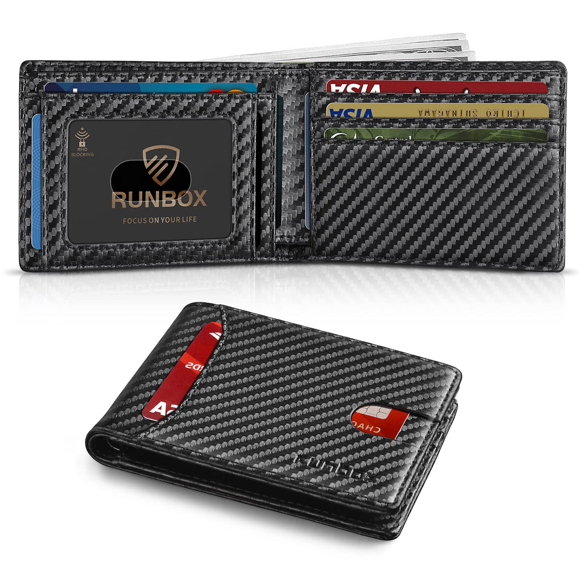 RUNBOX Wallet for Men, Slim Leather Bifold, RFID Blocking Card Holder