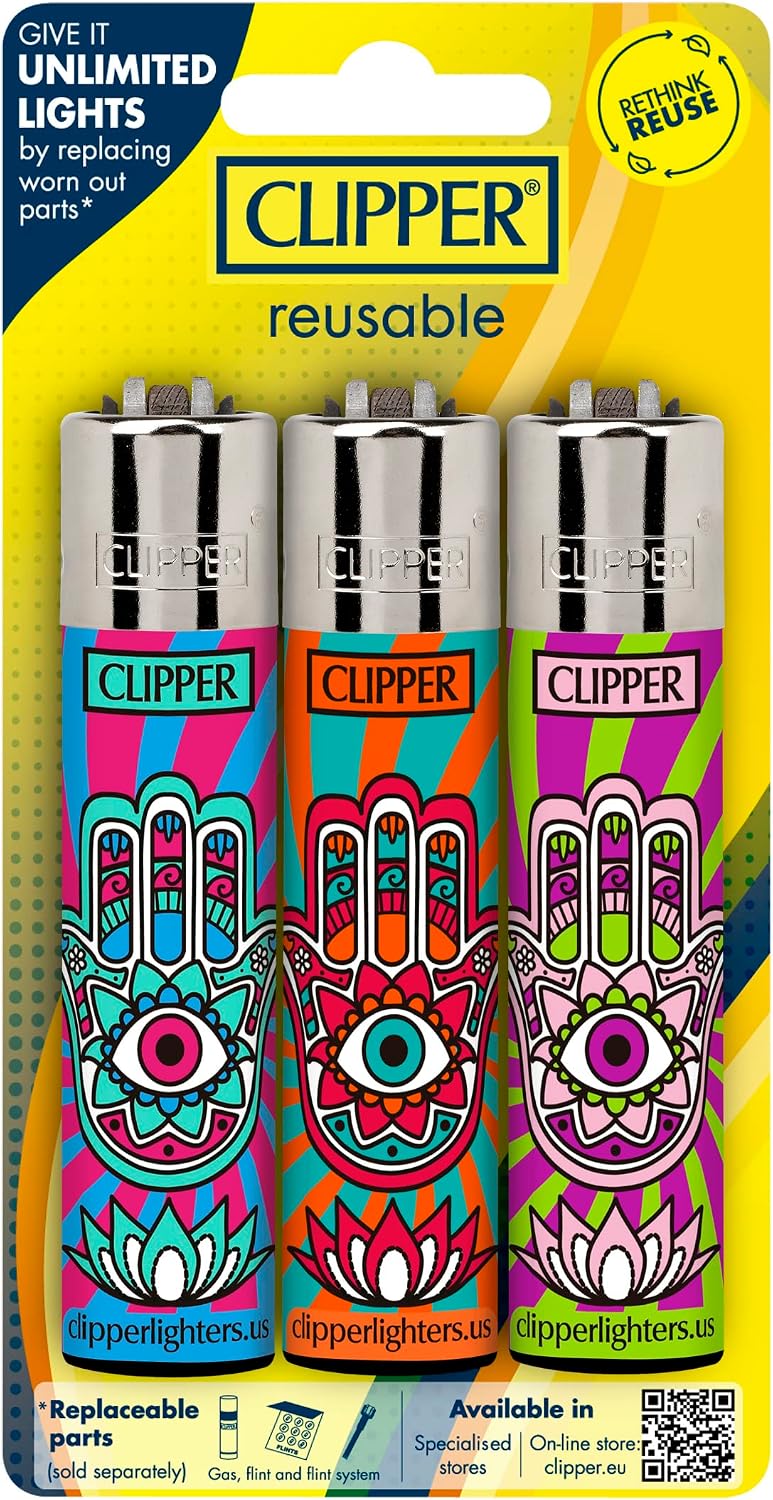 Clipper - Classic Large Reusable Lighter - Iconic Premium Refillable Lighters Bulk Pack - Replace Butane, Flint, and Spark Wheel for Unlimited Lights - 12 Pack - Assorted Designs