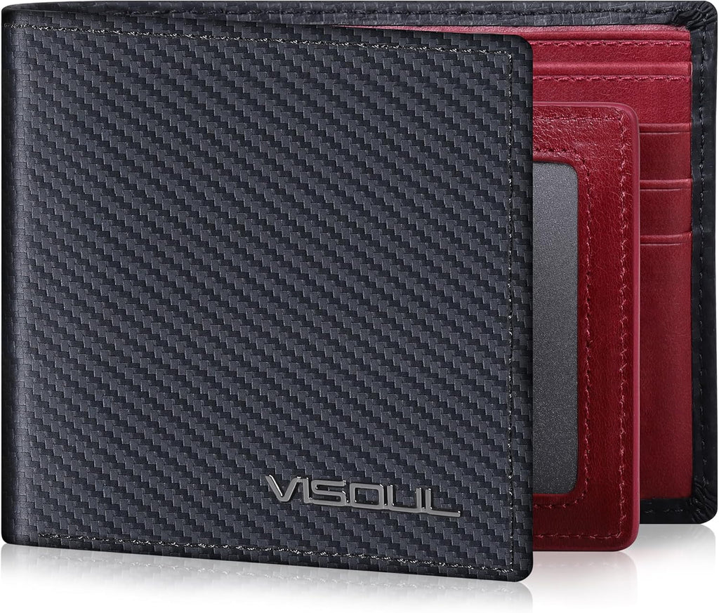 VISOUL Mens Wallet Bifold RFID Protected with 2 ID Windows 8 Credit Card Slots 2 Cash Compartments, Carbon Fiber Leather Wallet for Men Gift Box (Black+Burgundy)