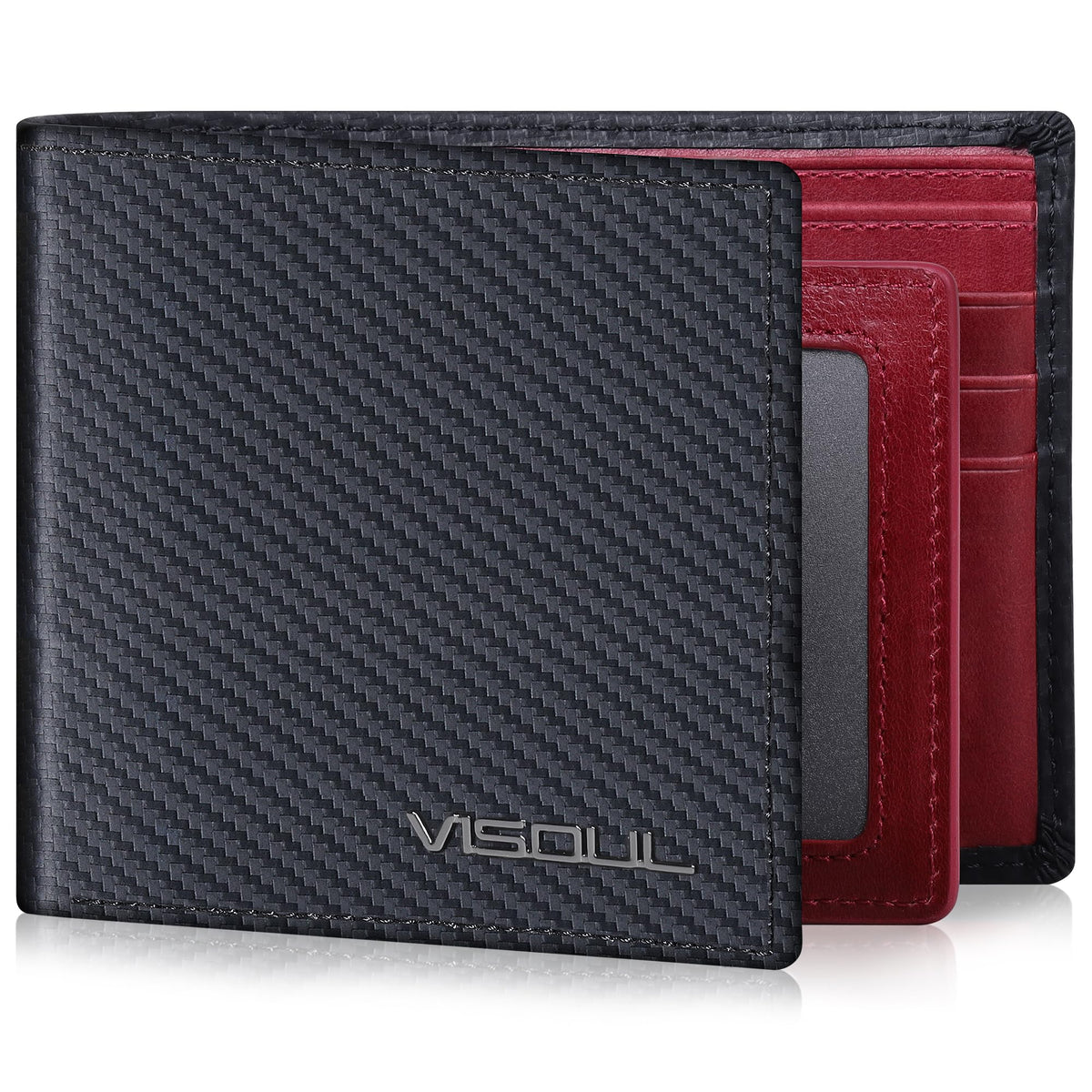 VISOUL Mens Wallet Bifold RFID Protected with 2 ID Windows 8 Credit Card Slots 2 Cash Compartments, Carbon Fiber Leather Wallet for Men Gift Box (Black+Burgundy)