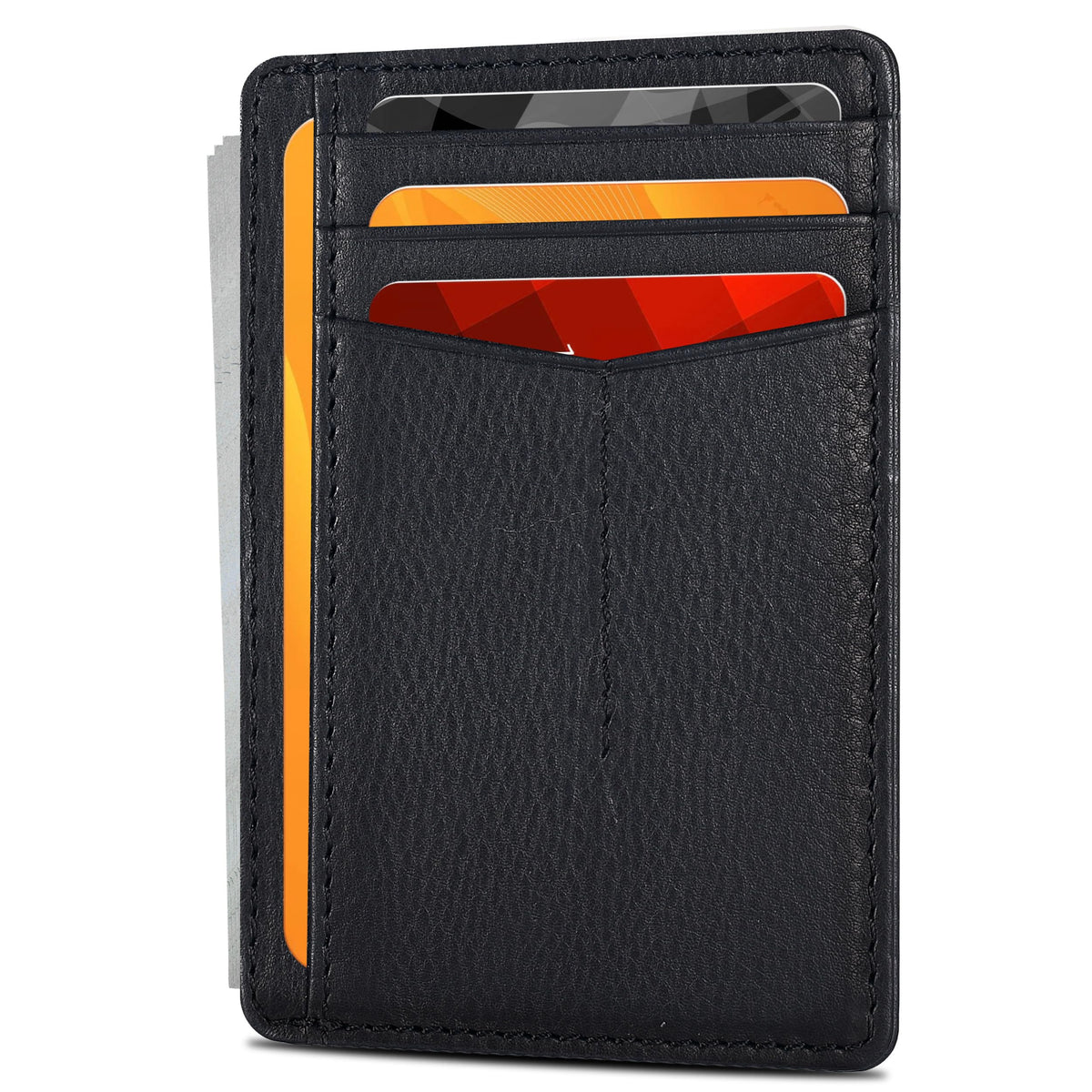 Slim Minimalist RFID Leather Wallet, Front Pocket Card Holder, Ebony
