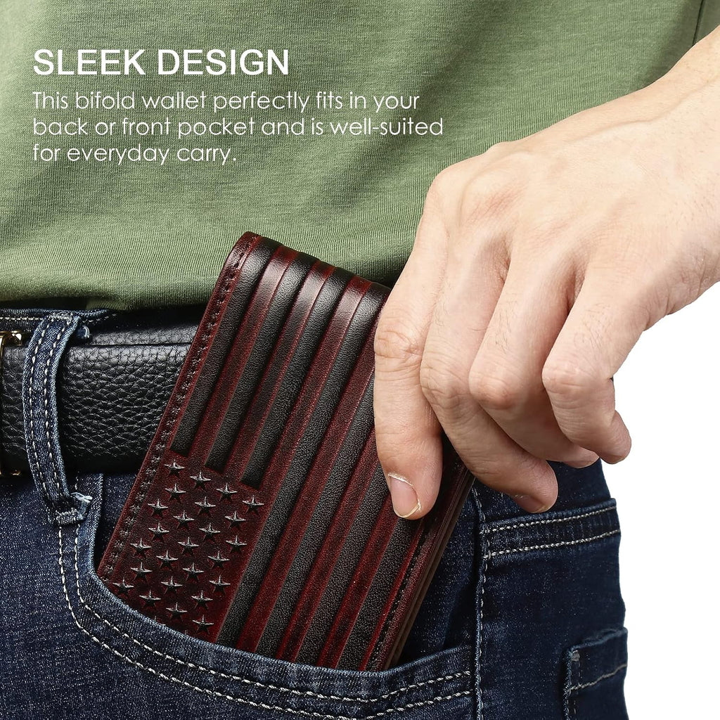 Pefiam Full Grain Leather Wallets for Men, Bifold Wallets for Men, Mens Leather Wallets with 12 Slots, RFID Blocking, Gifts for Men (USA Flag, Red)