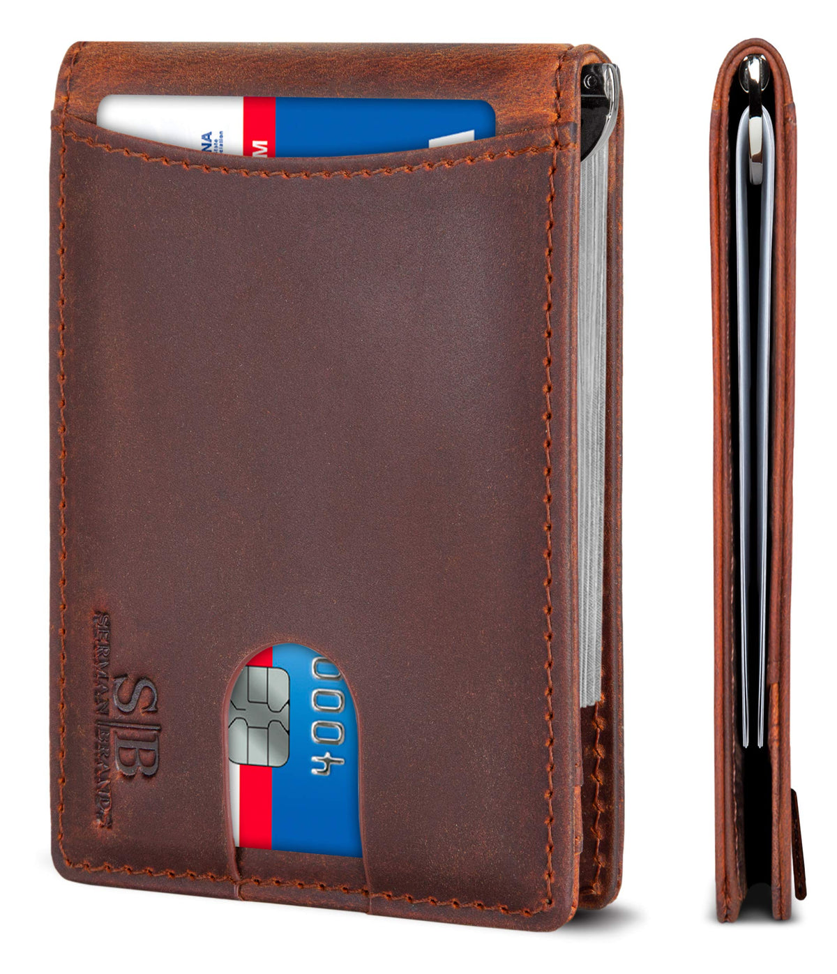 SERMAN BRANDS RFID Blocking Slim Bifold Genuine Leather Minimalist Front Pocket Wallets for Men with Money Clip Thin Mens