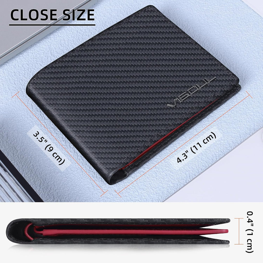 VISOUL Mens Wallet Bifold RFID Protected with 2 ID Windows 8 Credit Card Slots 2 Cash Compartments, Carbon Fiber Leather Wallet for Men Gift Box (Black+Burgundy)