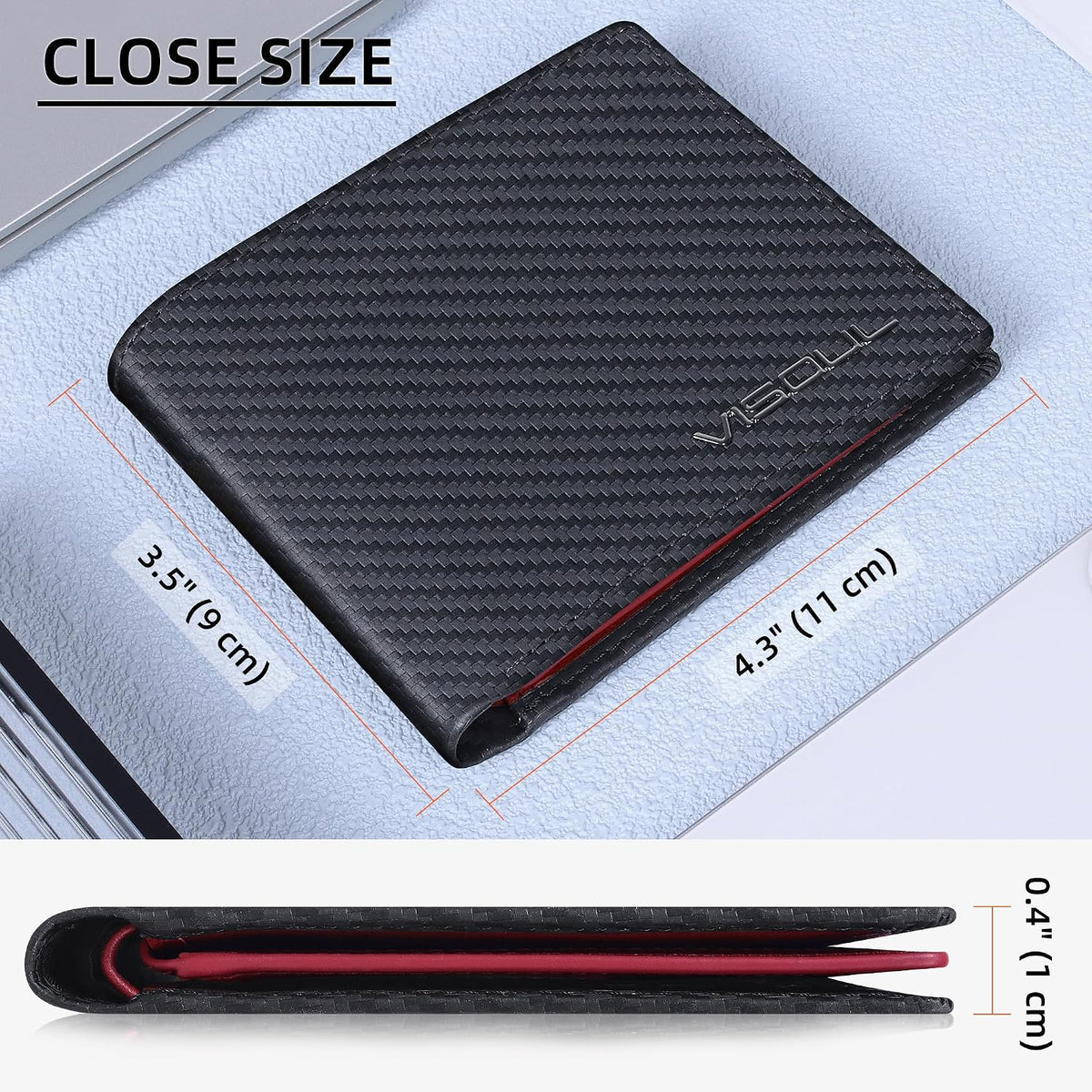 VISOUL Mens Wallet Bifold RFID Protected with 2 ID Windows 8 Credit Card Slots 2 Cash Compartments, Carbon Fiber Leather Wallet for Men Gift Box (Black+Burgundy)