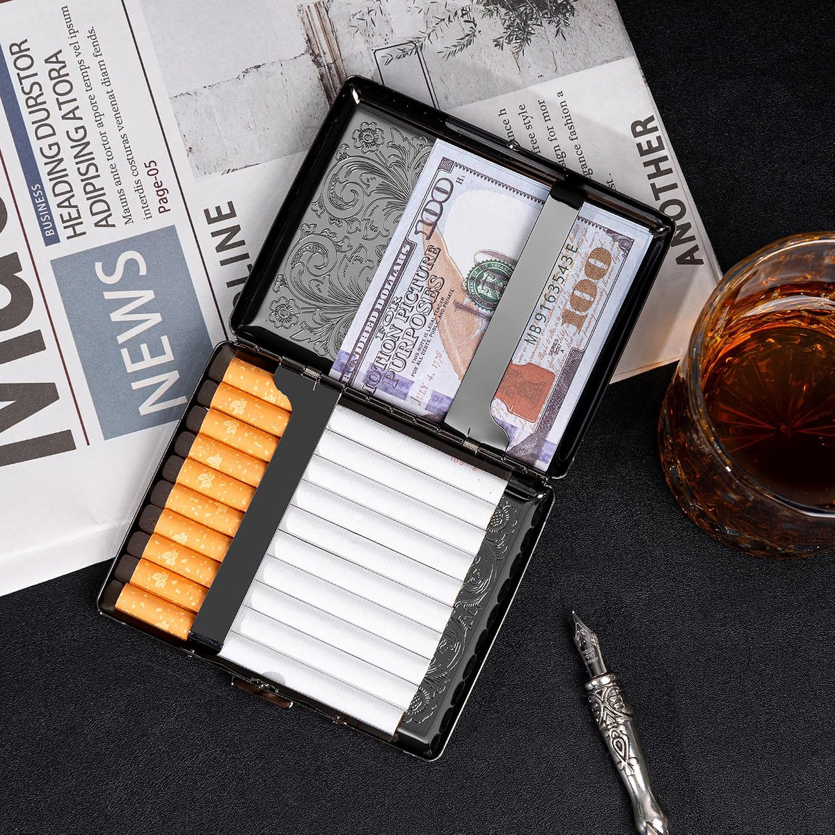 Stylish Portable Metal Cigarette Case - Holds 100mm Cigarettes. (Skull Vine Silver, 20pcs 100's) (Skull Vine Black, 20pcs 100's)