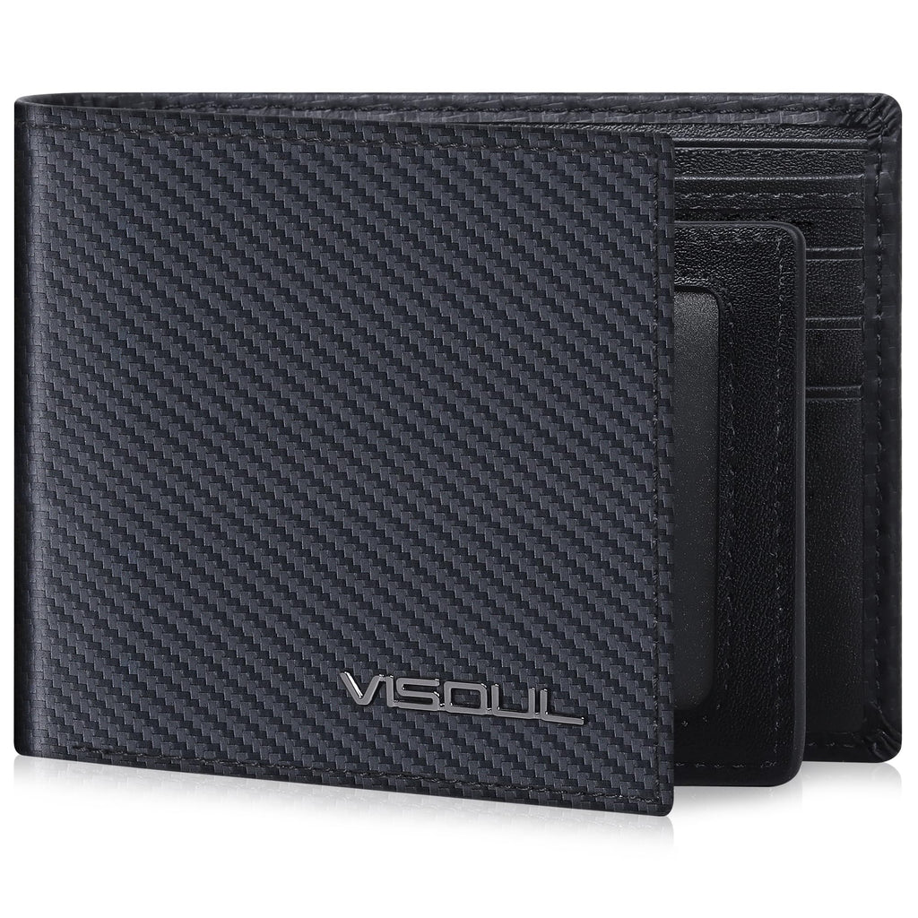 VISOUL Mens Wallet Bifold RFID Protected with 2 ID Windows 8 Credit Card Slots 2 Cash Compartments, Carbon Fiber Leather Wallet for Men Gift Box (Black+Burgundy)