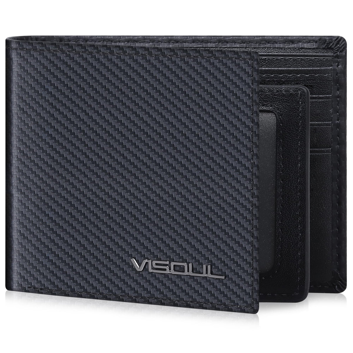VISOUL Mens Wallet Bifold RFID Protected with 2 ID Windows 8 Credit Card Slots 2 Cash Compartments, Carbon Fiber Leather Wallet for Men Gift Box (Black+Burgundy)