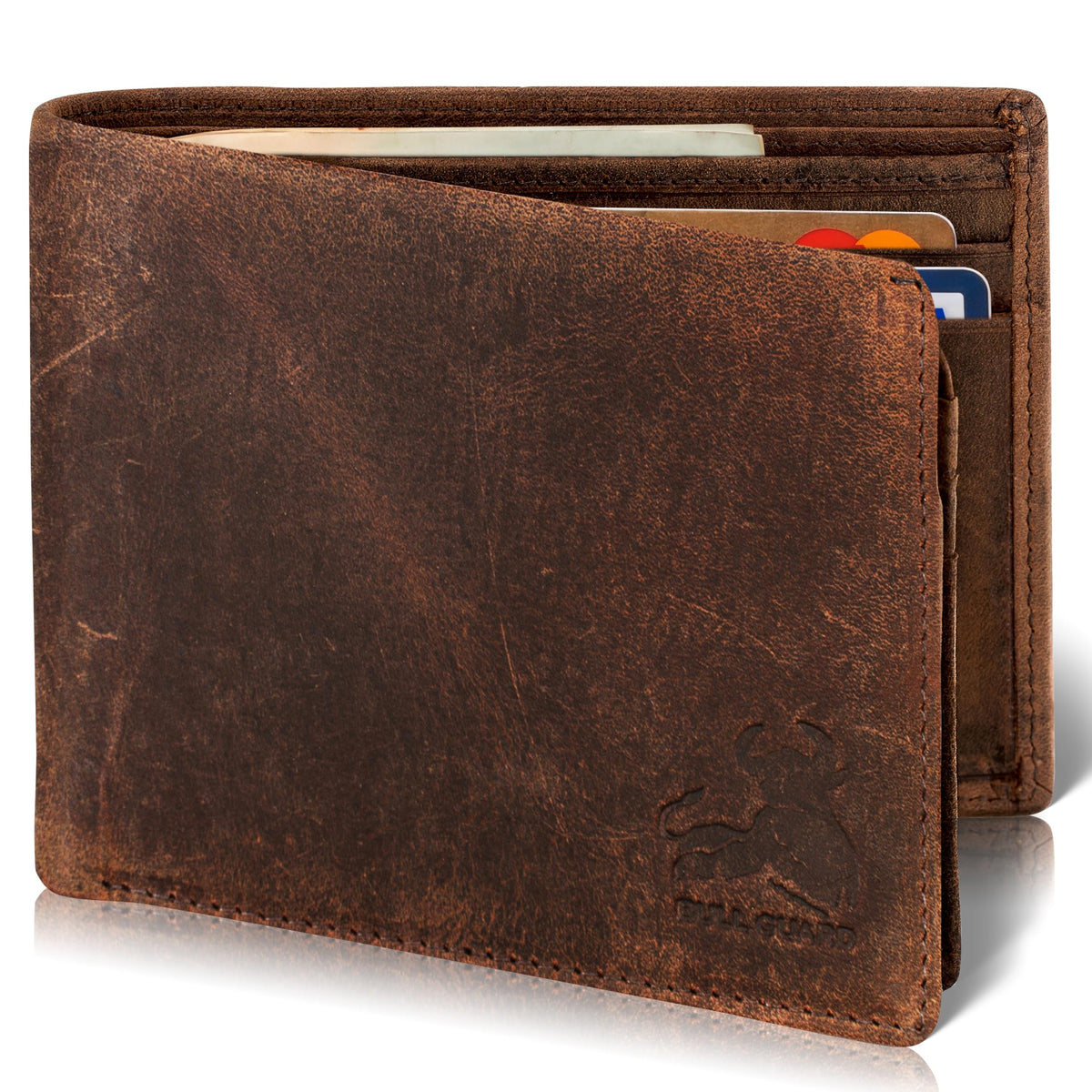 BULL GUARD RFID Blocking Bifold Mens Wallet Premium Top Grain Leather Brown Extra Capacity Wallet for Men Genuine Leather Western Brown, 11+ Cards, Flip Up ID Window, Gift For Men in Nice Gift Box