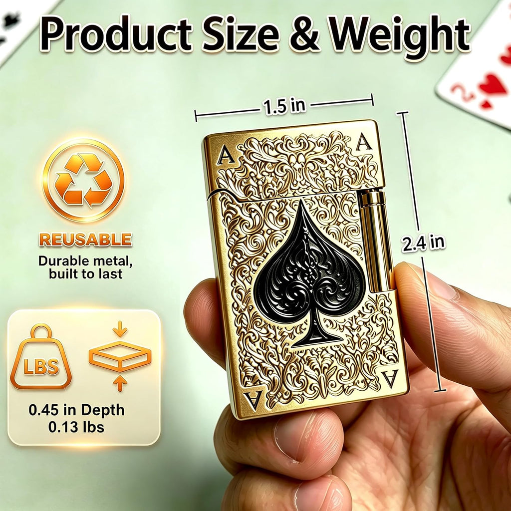 Ace of Spades Pocket Butane Lighter, Unique Soft Flame Refillable Lighter, Side-Wheel Frosted Flip-Top Metal Lighters, Angled Flame, Birthday for Men (Gold, No Fuel)