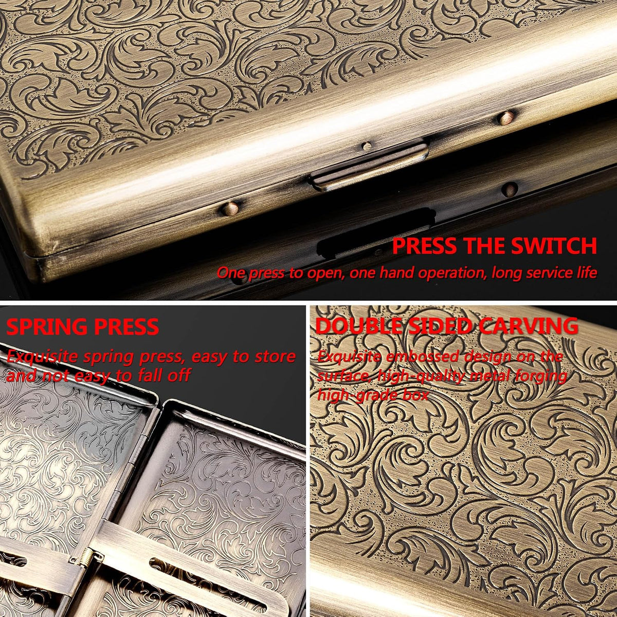 Goshentech Vintage Cigarette case,14 Capacity,Metal Plated Metallic Glossy Black,Double-Sided,Bank Card case, Cash Box(100mm King Size) (Bronze)
