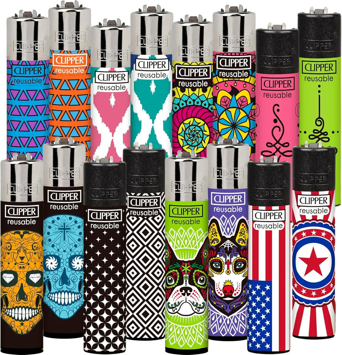 Clipper Classic Large Reusable Lighter, 16 Pack, Assorted Designs