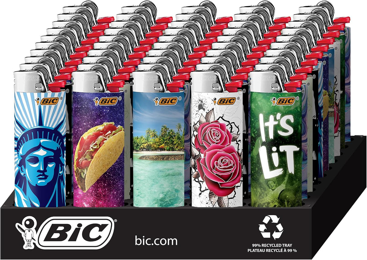 BIC Pocket Lighter, Special Edition Favorites Collection, Assorted Unique Lighter Designs, 50 Count Tray of Lighters