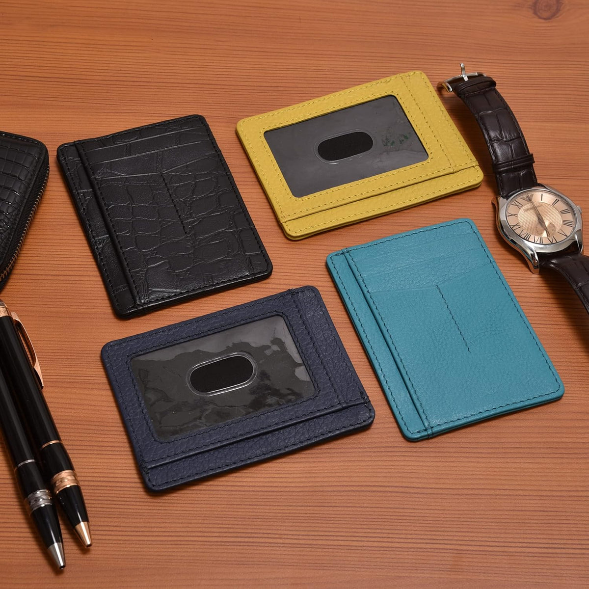 Slim Minimalist RFID Leather Wallet, Front Pocket Card Holder, Ebony