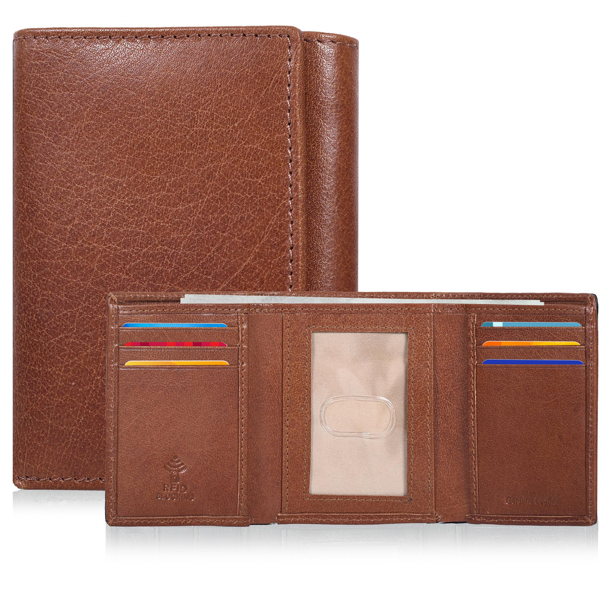 Real Leather Mens Trifold Wallet - RFID Slim Minimalist Front Pocket Gift