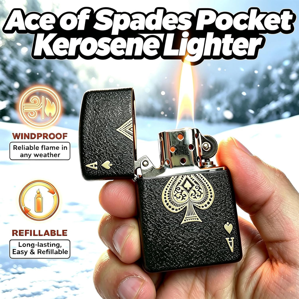 Ace of Spades Pocket Kerosene Lighter, Vintage Soft Flame Lighters with Rubber Fuel Seal, Unique Refillable Metal Windproof Lighter, Textured Frosted Brass Exterior, Birthday Gifts for Men (No Fuel)