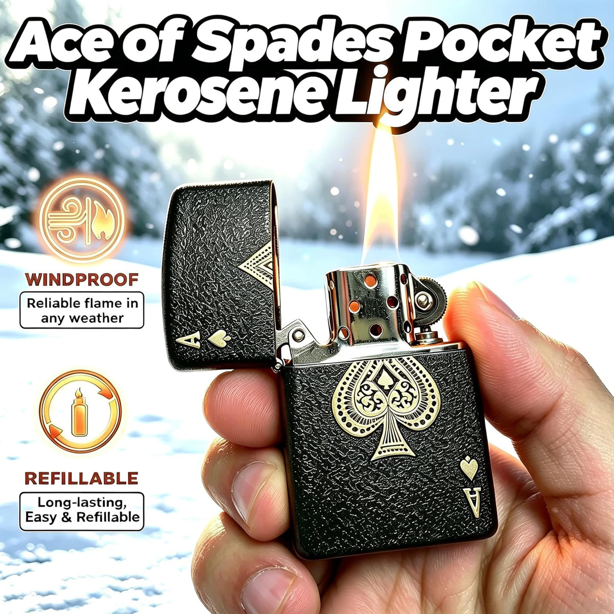 Ace of Spades Pocket Kerosene Lighter, Vintage Soft Flame Lighters with Rubber Fuel Seal, Unique Refillable Metal Windproof Lighter, Textured Frosted Brass Exterior, Birthday Gifts for Men (No Fuel)