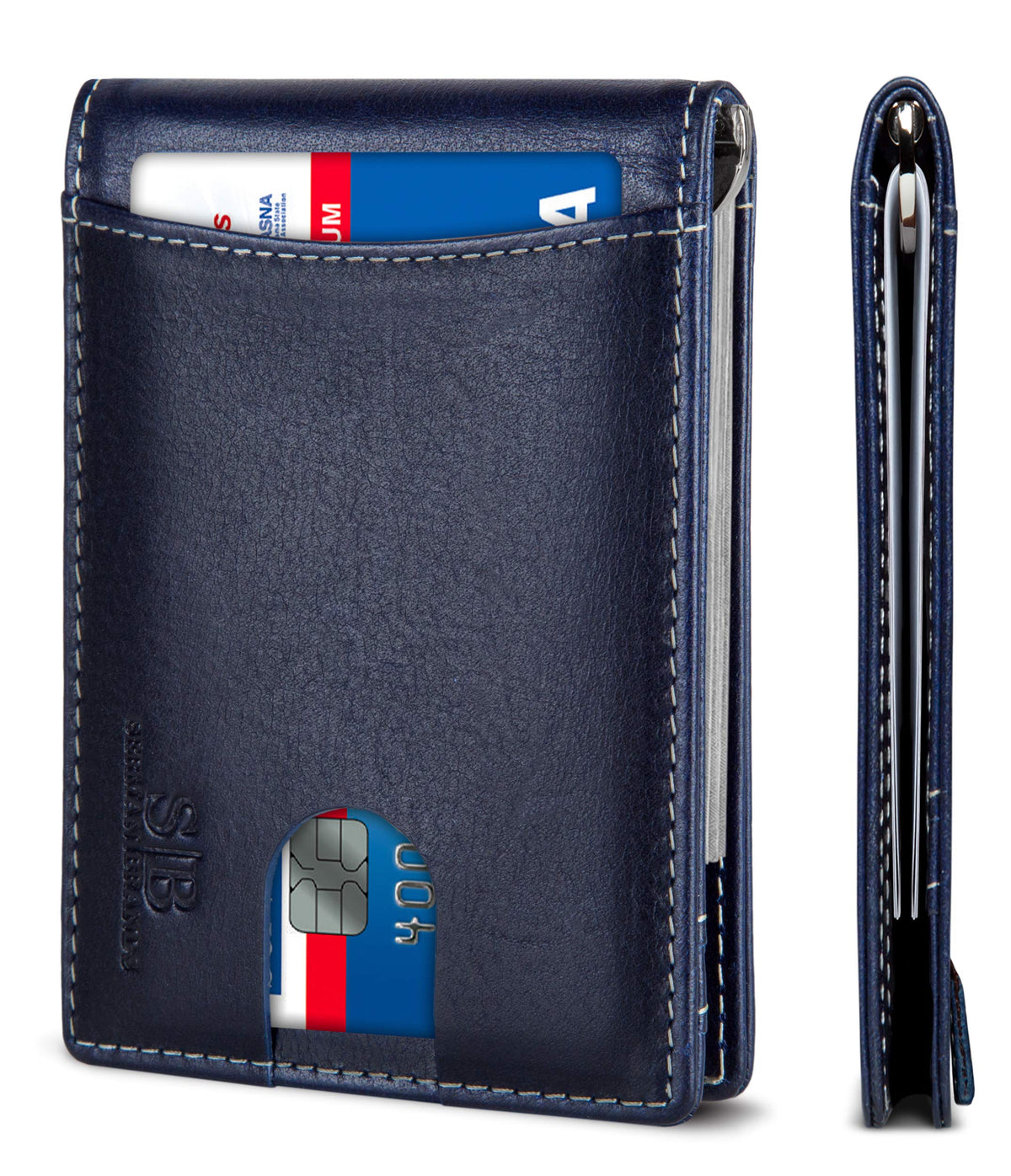 SERMAN BRANDS RFID Blocking Slim Bifold Genuine Leather Minimalist Front Pocket Wallets for Men with Money Clip Thin Mens