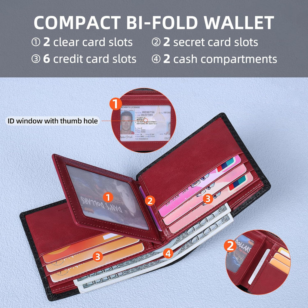 VISOUL Mens Wallet Bifold RFID Protected with 2 ID Windows 8 Credit Card Slots 2 Cash Compartments, Carbon Fiber Leather Wallet for Men Gift Box (Black+Burgundy)