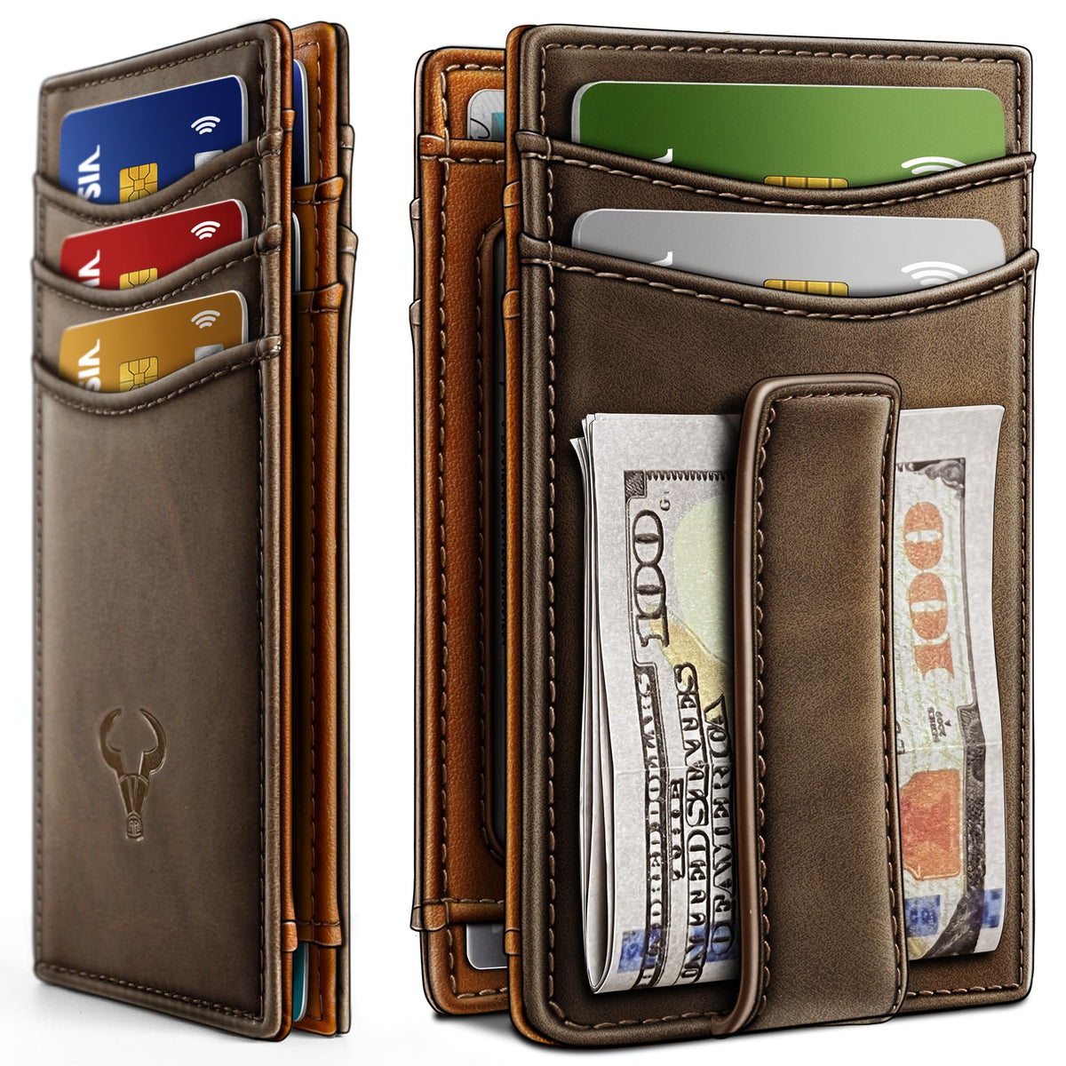 BULLIANT Magnetic Slim Leather Pocket Wallet Money Clip For Men 12Cards