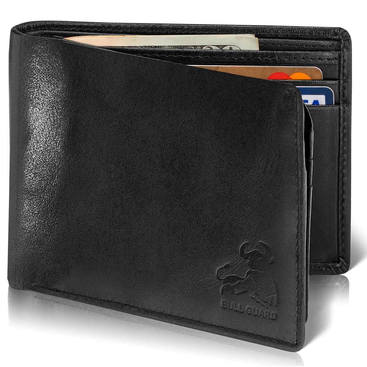 BULL GUARD RFID Blocking Bifold Mens Wallet Premium Top Grain Leather Brown Extra Capacity Wallet for Men Genuine Leather Western Brown, 11+ Cards, Flip Up ID Window, Gift For Men in Nice Gift Box