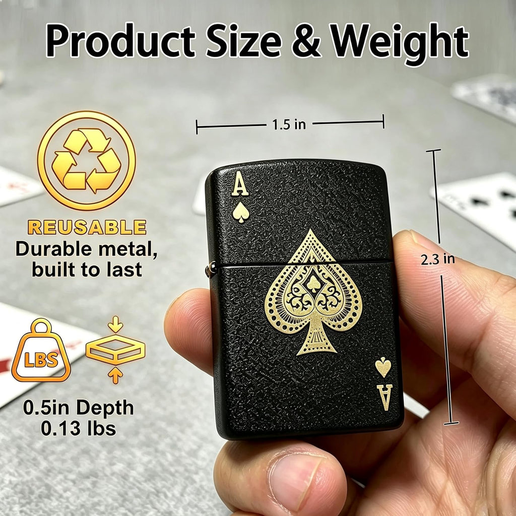 Ace of Spades Pocket Kerosene Lighter, Vintage Soft Flame Lighters with Rubber Fuel Seal, Unique Refillable Metal Windproof Lighter, Textured Frosted Brass Exterior, Birthday Gifts for Men (No Fuel)