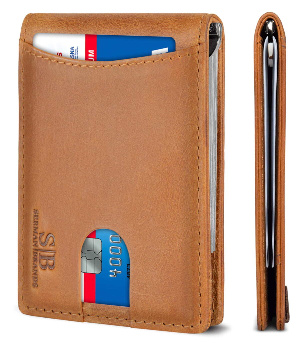 SERMAN BRANDS RFID Blocking Slim Bifold Genuine Leather Minimalist Front Pocket Wallets for Men with Money Clip Thin Mens