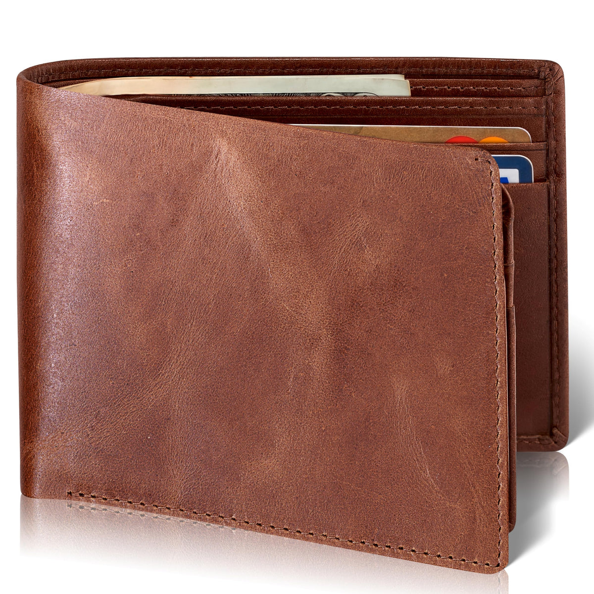 BULL GUARD RFID Blocking Bifold Mens Wallet Premium Top Grain Leather Brown Extra Capacity Wallet for Men Genuine Leather Western Brown, 11+ Cards, Flip Up ID Window, Gift For Men in Nice Gift Box
