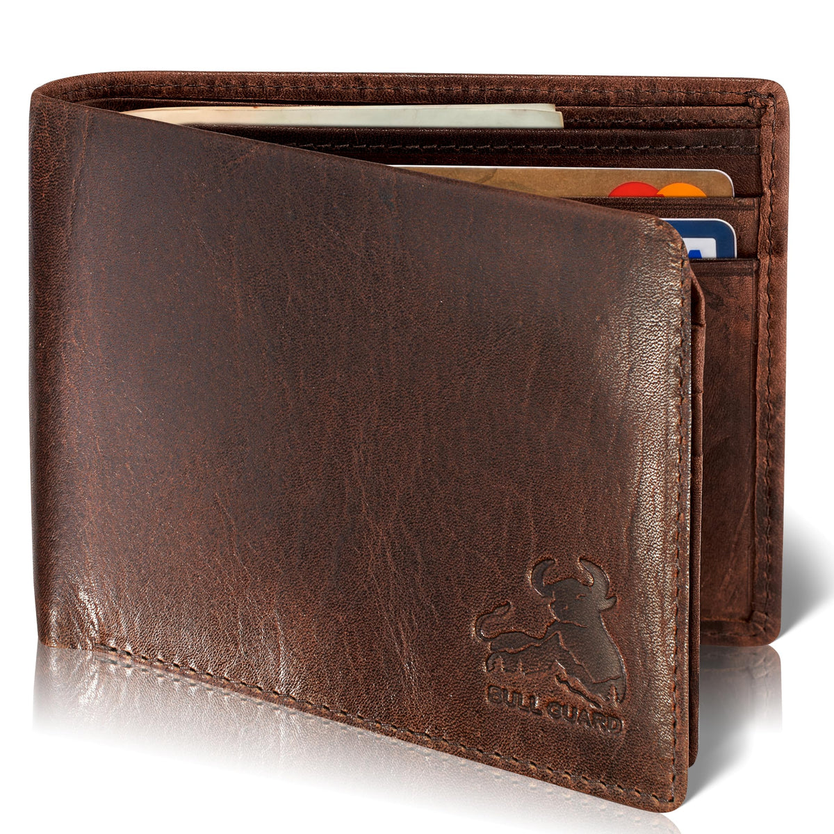 BULL GUARD RFID Blocking Bifold Mens Wallet Premium Top Grain Leather Brown Extra Capacity Wallet for Men Genuine Leather Western Brown, 11+ Cards, Flip Up ID Window, Gift For Men in Nice Gift Box