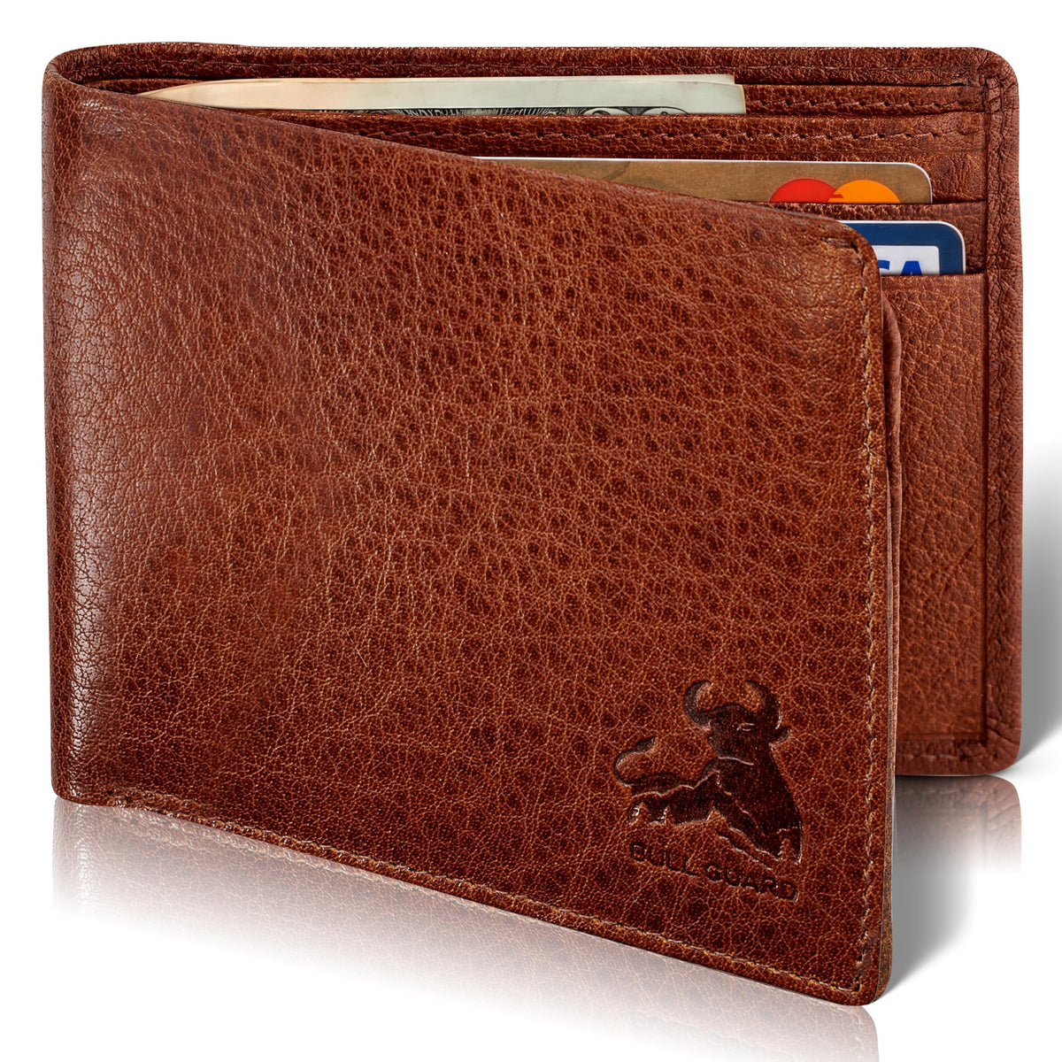BULL GUARD RFID Blocking Bifold Mens Wallet Premium Top Grain Leather Brown Extra Capacity Wallet for Men Genuine Leather Western Brown, 11+ Cards, Flip Up ID Window, Gift For Men in Nice Gift Box