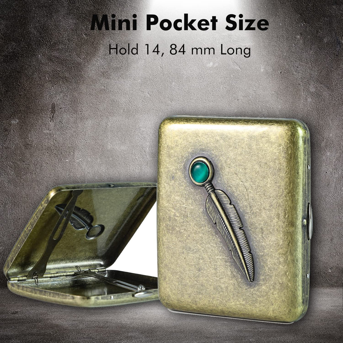 Vintage Metal Case - Retro Holder Case with Exquisite Carved Feather and Emerald Gemstone Embellishments - Minimalist Storage Case for Women Men, Holds 14 to 20, up to 84mm, Bronze, Feather