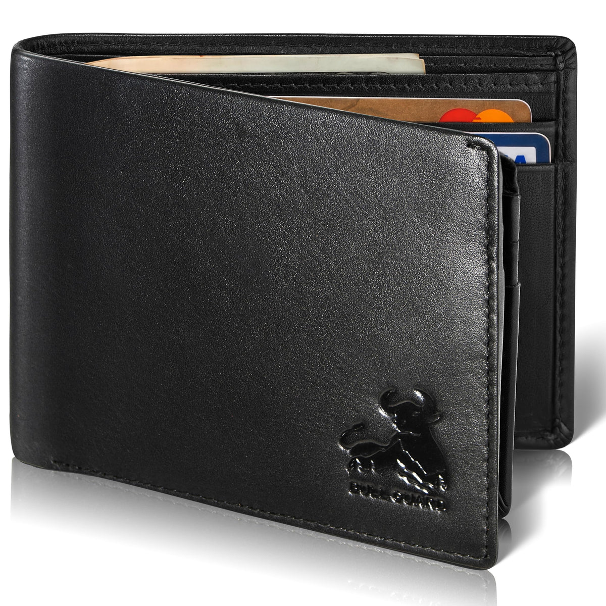 BULL GUARD RFID Blocking Bifold Mens Wallet Premium Top Grain Leather Brown Extra Capacity Wallet for Men Genuine Leather Western Brown, 11+ Cards, Flip Up ID Window, Gift For Men in Nice Gift Box