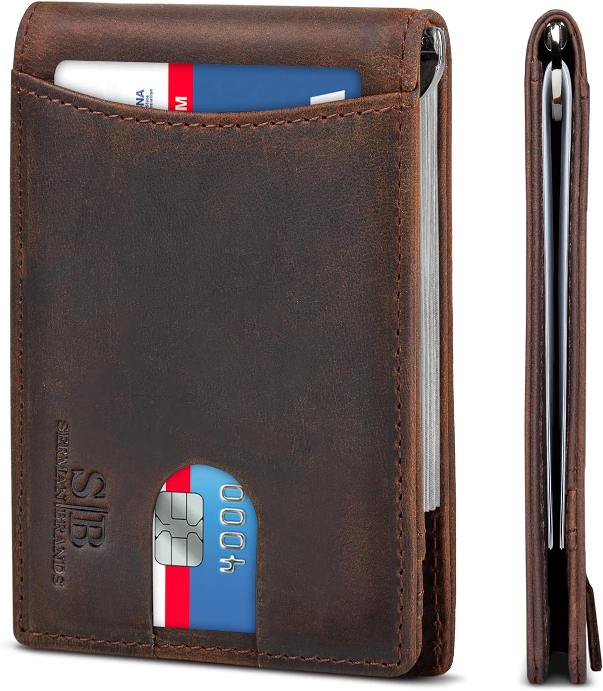 SERMAN BRANDS RFID Blocking Slim Bifold Genuine Leather Minimalist Front Pocket Wallets for Men with Money Clip Thin Mens
