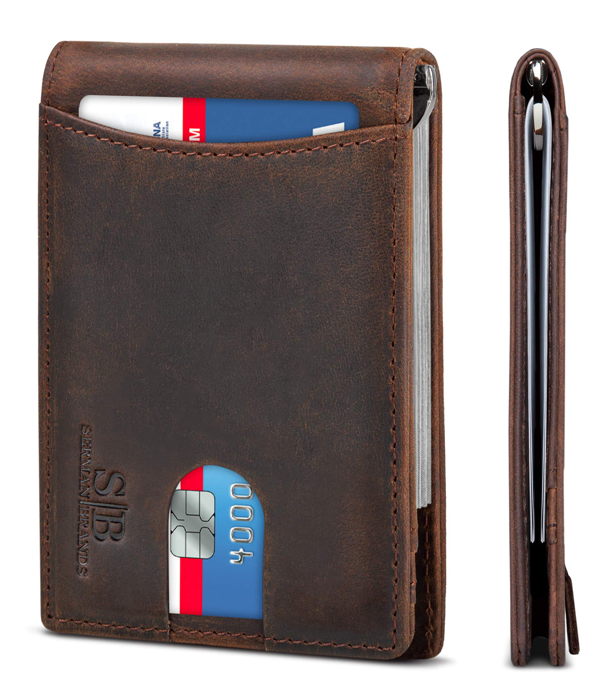 SERMAN BRANDS RFID Blocking Slim Bifold Genuine Leather Minimalist Front Pocket Wallets for Men with Money Clip Thin Mens