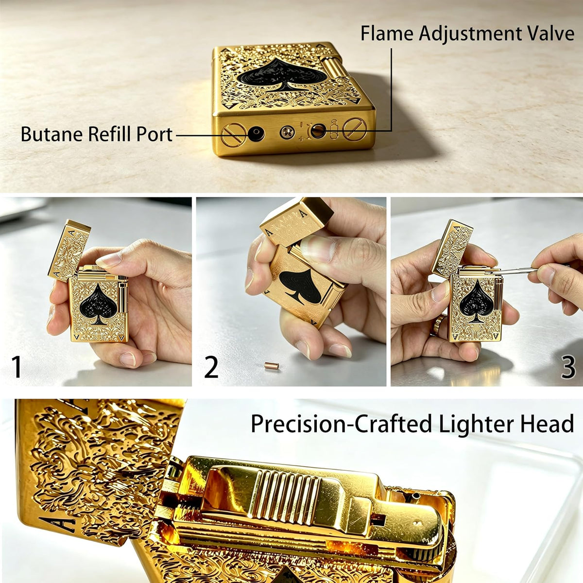Ace of Spades Pocket Butane Lighter, Unique Soft Flame Refillable Lighter, Side-Wheel Frosted Flip-Top Metal Lighters, Angled Flame, Birthday for Men (Gold, No Fuel)