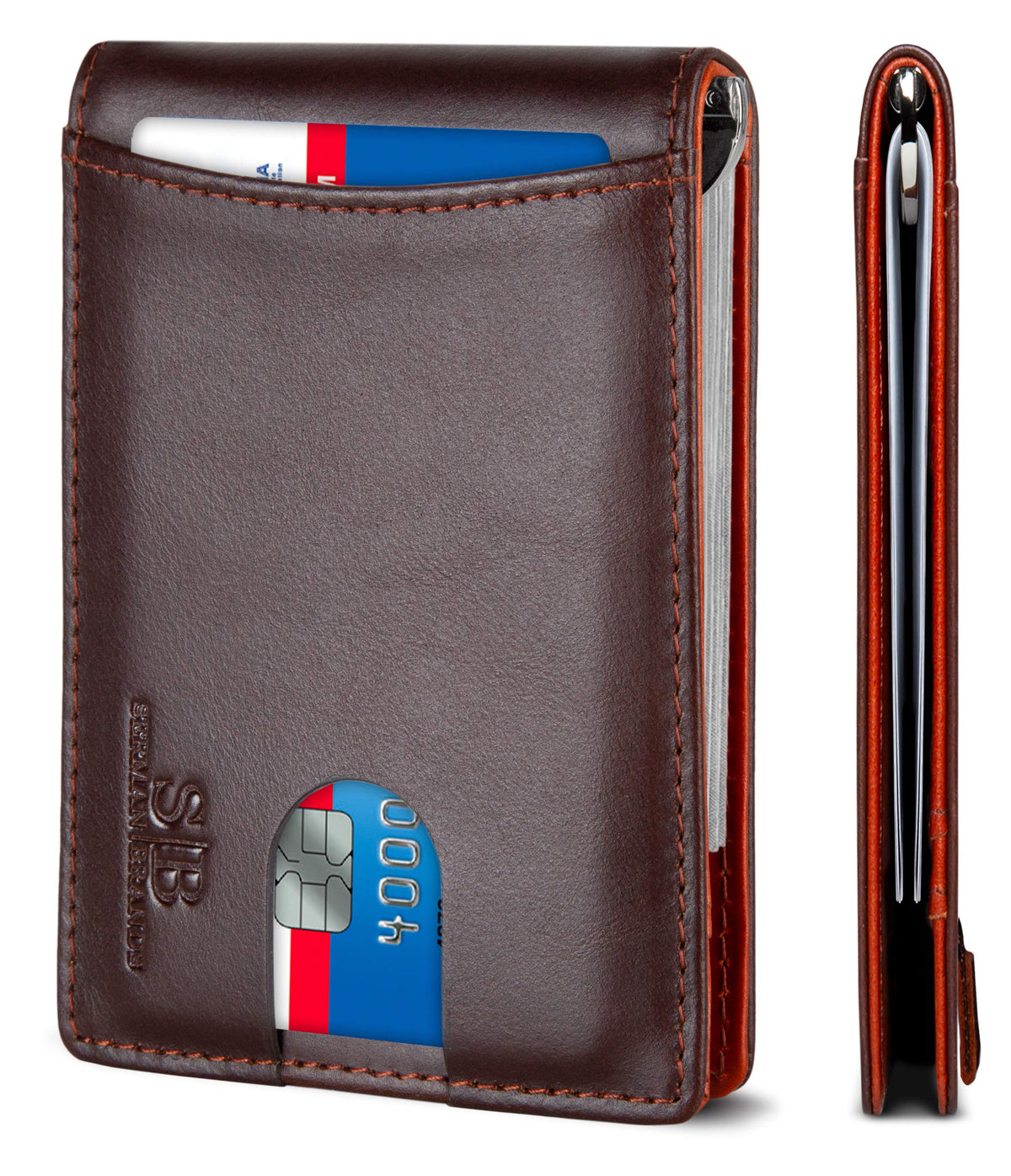 SERMAN BRANDS RFID Blocking Slim Bifold Genuine Leather Minimalist Front Pocket Wallets for Men with Money Clip Thin Mens