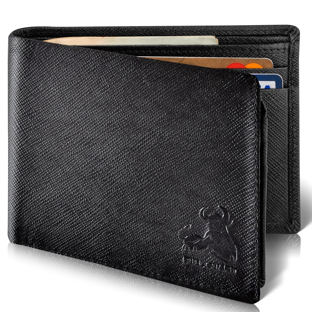 BULL GUARD RFID Blocking Bifold Mens Wallet Premium Top Grain Leather Brown Extra Capacity Wallet for Men Genuine Leather Western Brown, 11+ Cards, Flip Up ID Window, Gift For Men in Nice Gift Box