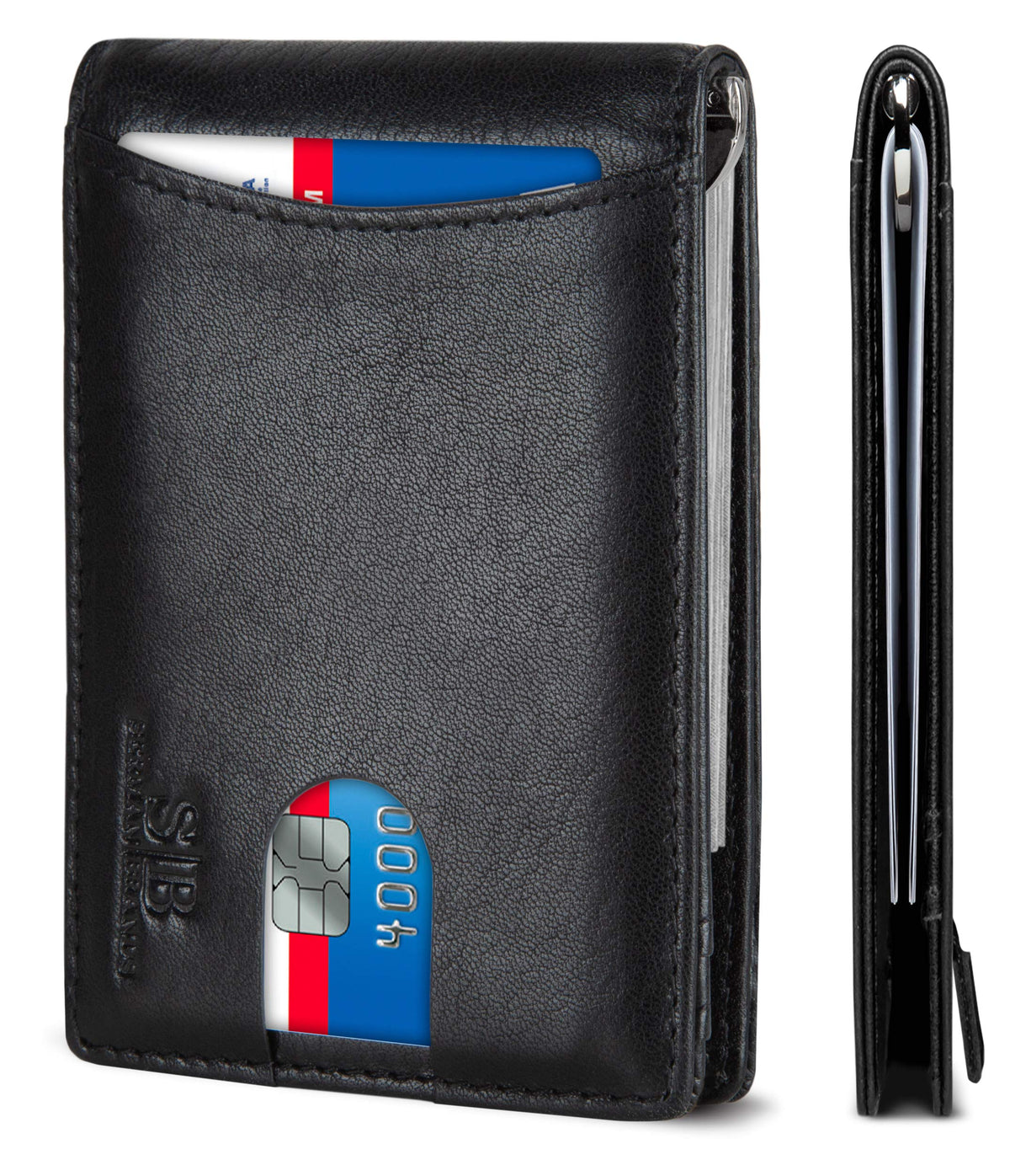 SERMAN BRANDS RFID Blocking Slim Bifold Genuine Leather Minimalist Front Pocket Wallets for Men with Money Clip Thin Mens