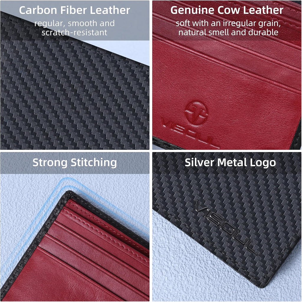 VISOUL Mens Wallet Bifold RFID Protected with 2 ID Windows 8 Credit Card Slots 2 Cash Compartments, Carbon Fiber Leather Wallet for Men Gift Box (Black+Burgundy)