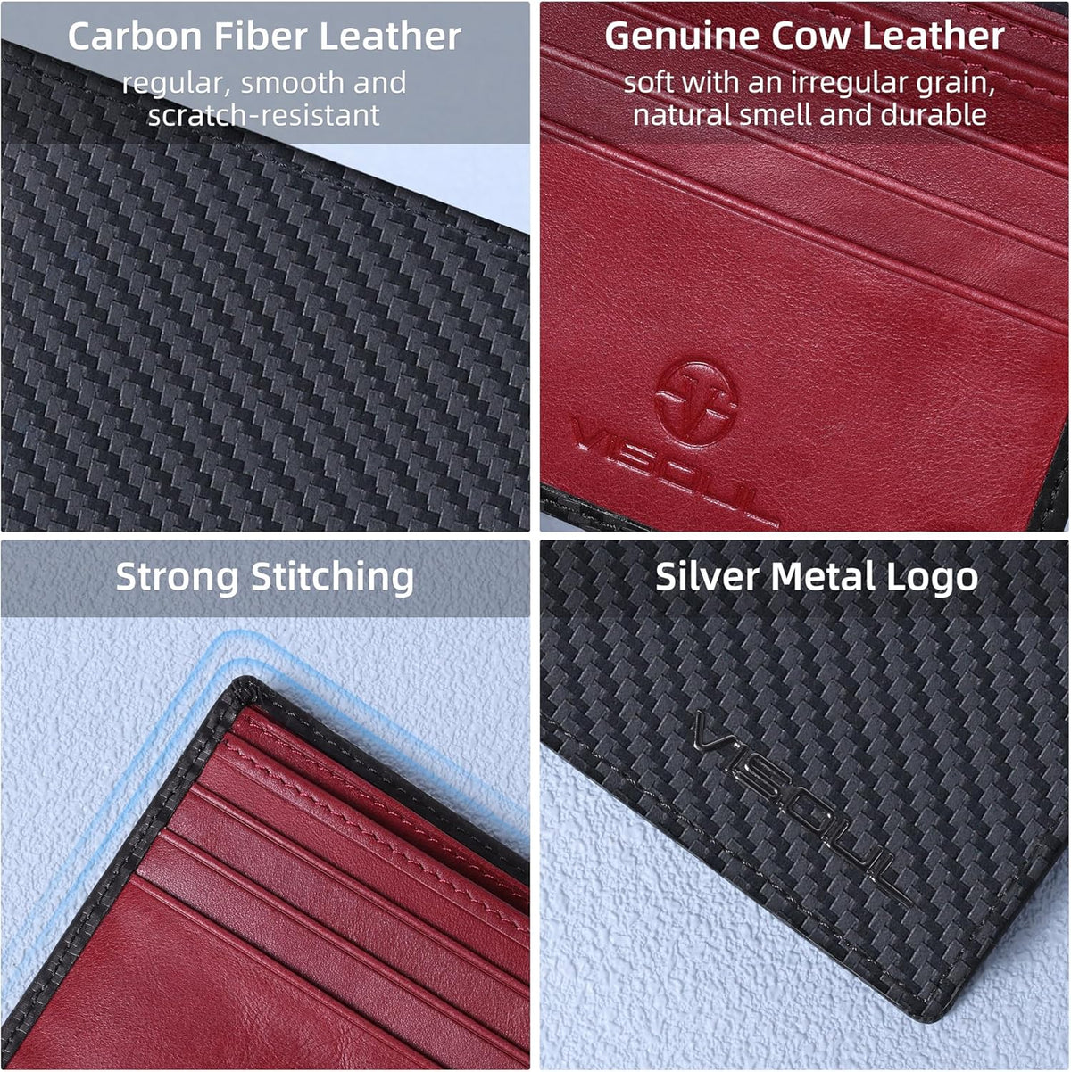 VISOUL Mens Wallet Bifold RFID Protected with 2 ID Windows 8 Credit Card Slots 2 Cash Compartments, Carbon Fiber Leather Wallet for Men Gift Box (Black+Burgundy)