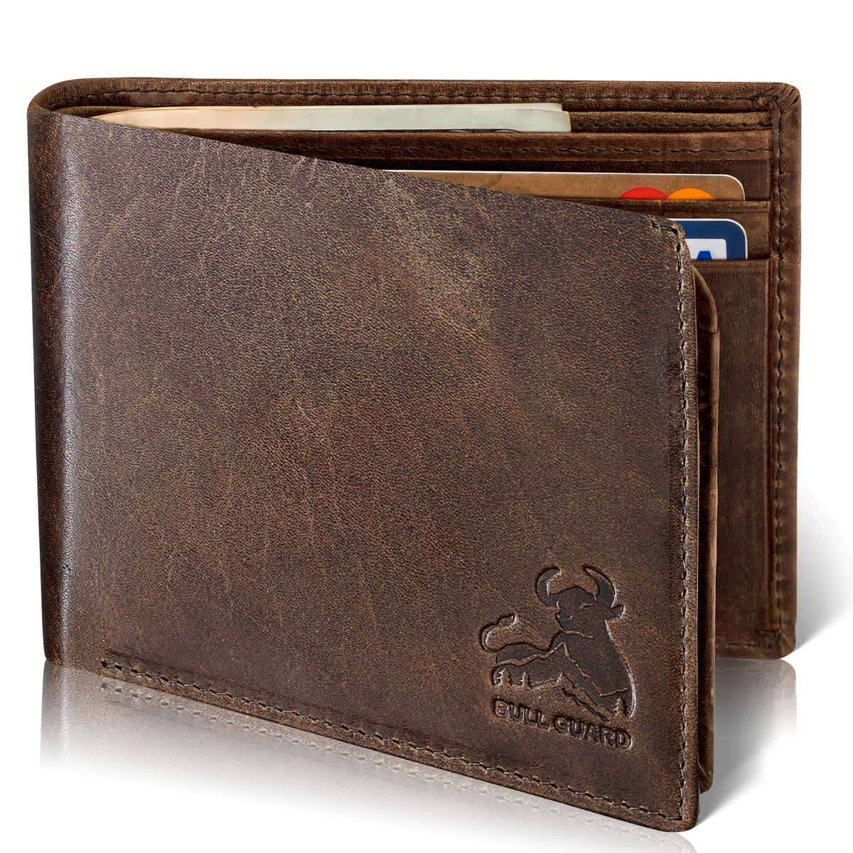 BULL GUARD RFID Blocking Bifold Mens Wallet Premium Top Grain Leather Brown Extra Capacity Wallet for Men Genuine Leather Western Brown, 11+ Cards, Flip Up ID Window, Gift For Men in Nice Gift Box
