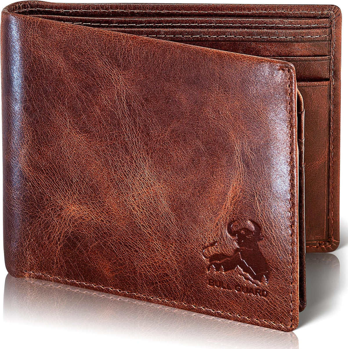 BULL GUARD RFID Blocking Bifold Mens Wallet Premium Top Grain Leather Brown Extra Capacity Wallet for Men Genuine Leather Western Brown, 11+ Cards, Flip Up ID Window, Gift For Men in Nice Gift Box
