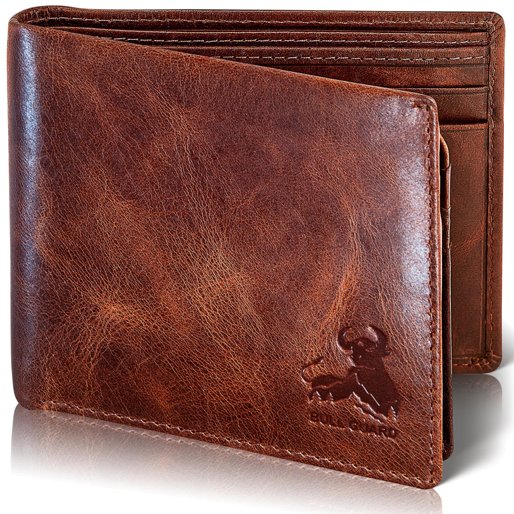 BULL GUARD RFID Blocking Bifold Mens Wallet Premium Top Grain Leather Brown Extra Capacity Wallet for Men Genuine Leather Western Brown, 11+ Cards, Flip Up ID Window, Gift For Men in Nice Gift Box