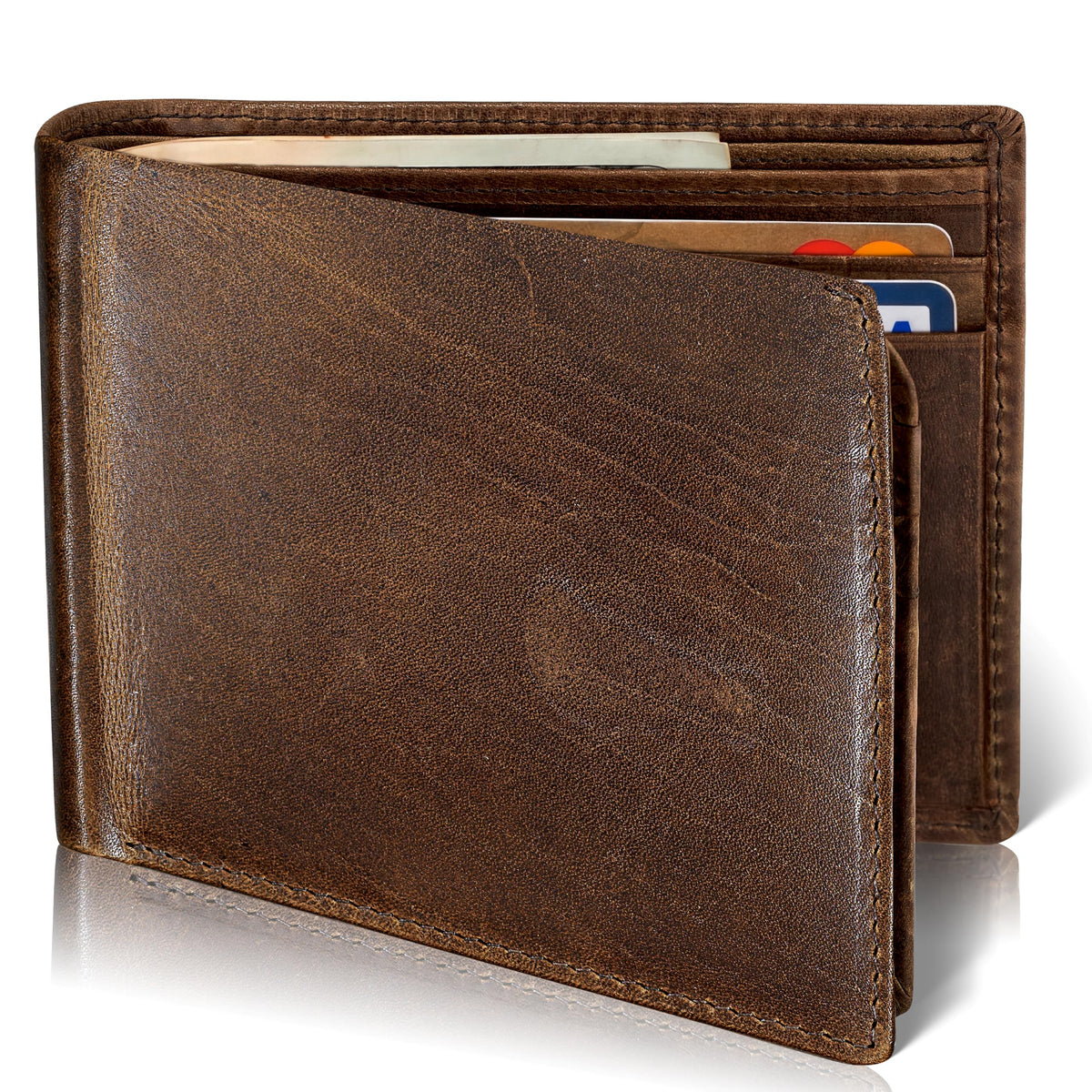 BULL GUARD RFID Blocking Bifold Mens Wallet Premium Top Grain Leather Brown Extra Capacity Wallet for Men Genuine Leather Western Brown, 11+ Cards, Flip Up ID Window, Gift For Men in Nice Gift Box