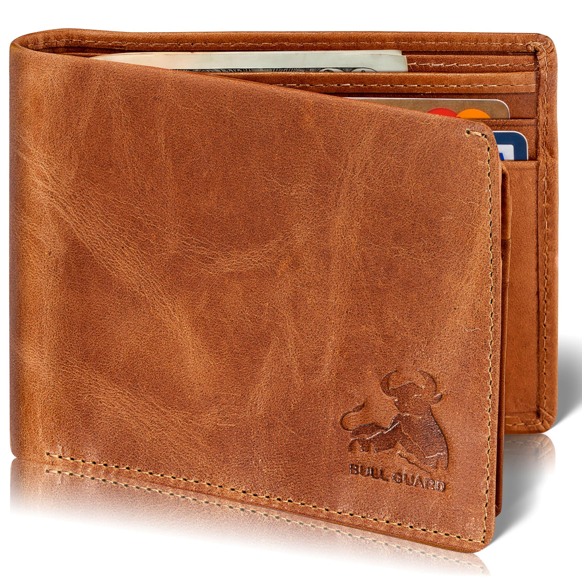 BULL GUARD RFID Blocking Bifold Mens Wallet Premium Top Grain Leather Brown Extra Capacity Wallet for Men Genuine Leather Western Brown, 11+ Cards, Flip Up ID Window, Gift For Men in Nice Gift Box
